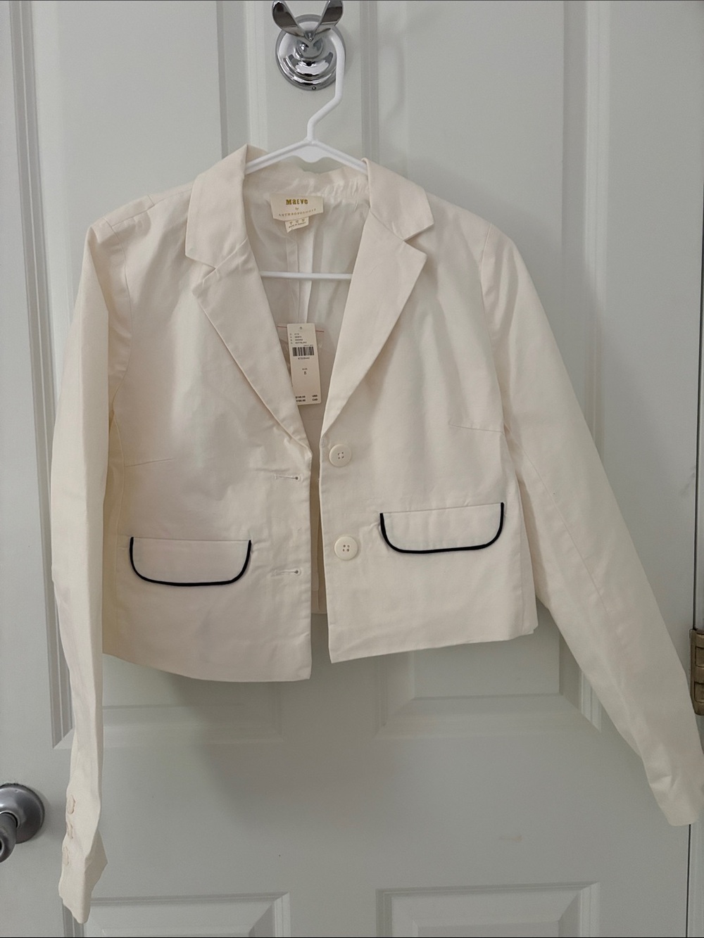 Anthropologie Cream Cropped Blazer with Black Piping